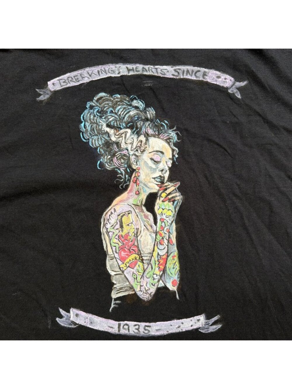 Bride of Frankenstein Men's Black Graphic Tee Tattoo Horror Hand Painted 2XL XXL